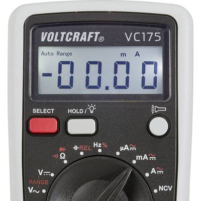 Digitales Multimeter mit Anzeige der Werte '-00.00 mA' im Auto-Bereich. Schieberegler und Tasten zur Einstellung diverser Messfunktionen.