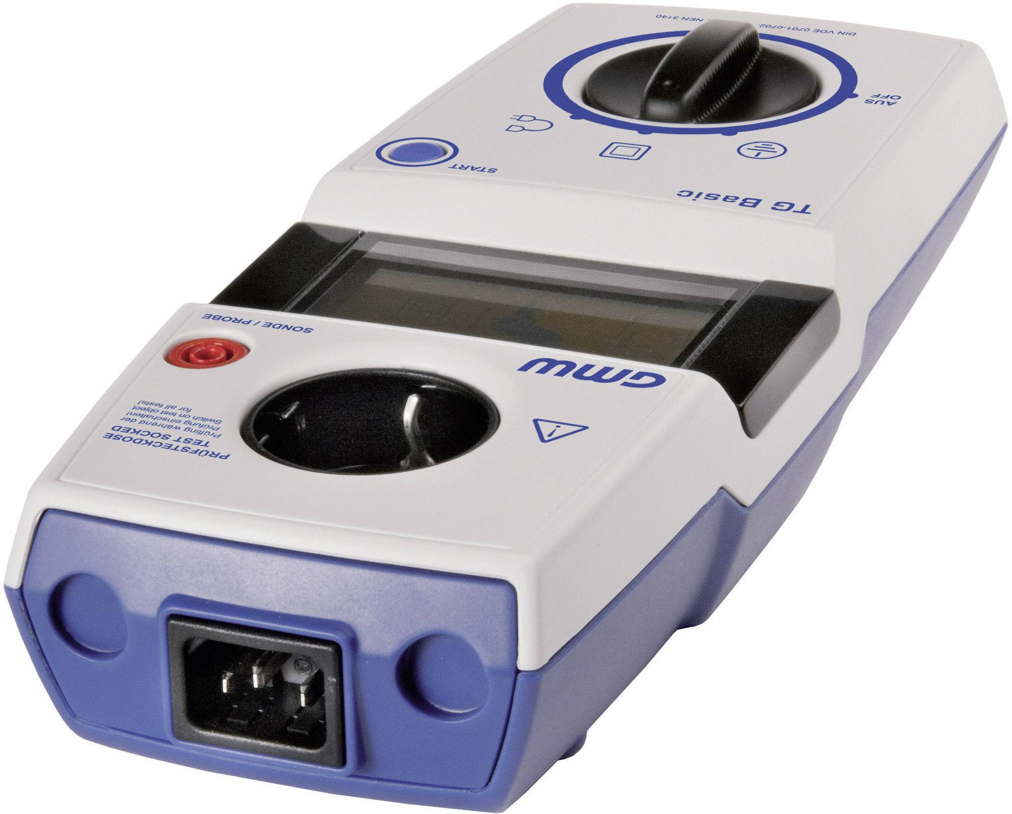 Ein tragbares elektrisches Prüfgerät mit einem Ein/Aus-Schalter und einem LCD-Display zur Anzeige von Messwerten.