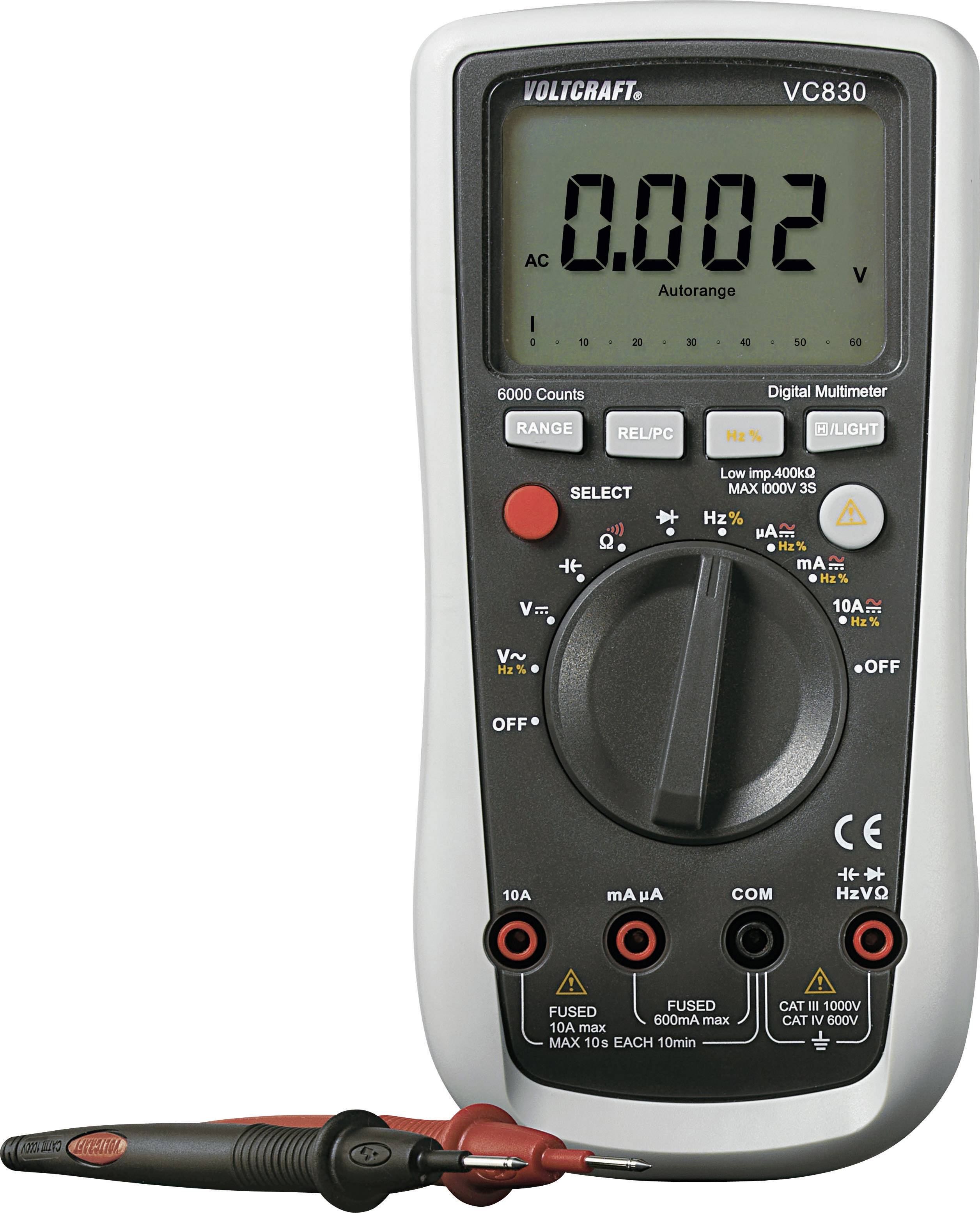 Digitalmultimeter mit Displayanzeige von '0.002' und verschiedenen Einstellungsmöglichkeiten. Enthält Messleitungen.