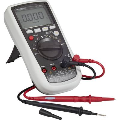Ein digitales Multimeter auf einem Ständer mit roten und schwarzen Messleitungen, angezeigt wird '0000'.