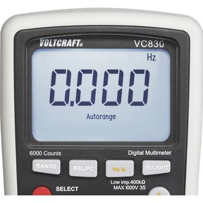 Ein digitales Multimeter mit dem Markennamen 'Voltcraft' zeigt den Wert '0.000' an. Das Gerät kann Spannungen bis zu 1000V messen.