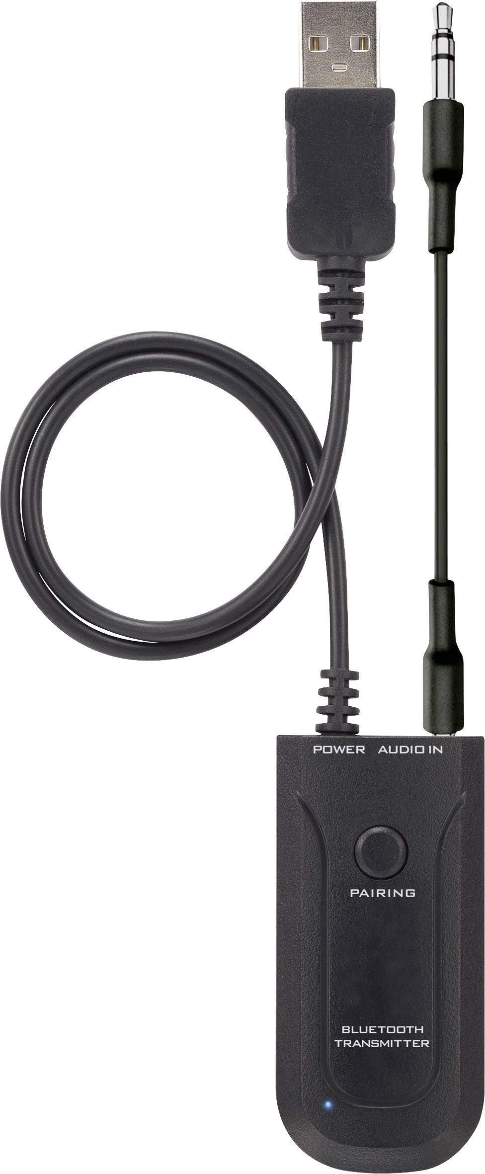 Ein Bluetooth-Audio-Transmitter mit USB- und AUX-Anschlusskabeln. Geeignet zum drahtlosen Übertragen von Audiosignalen.