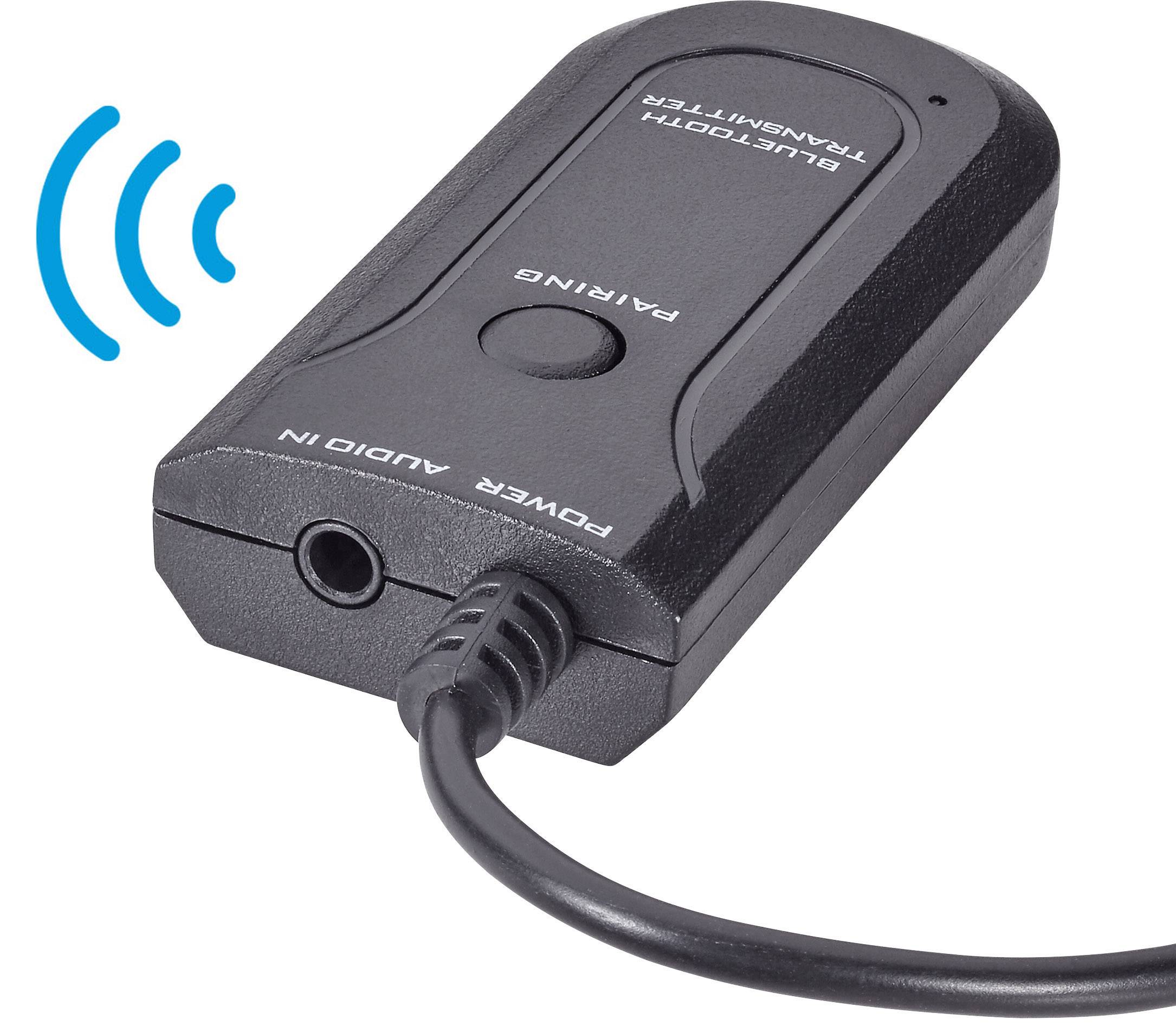 Schwarzer Bluetooth-Transmitter mit Audiokabel, symbolisiert drahtlose Audioübertragung. Rechteckige Form, Anschluss für Audioeingang.