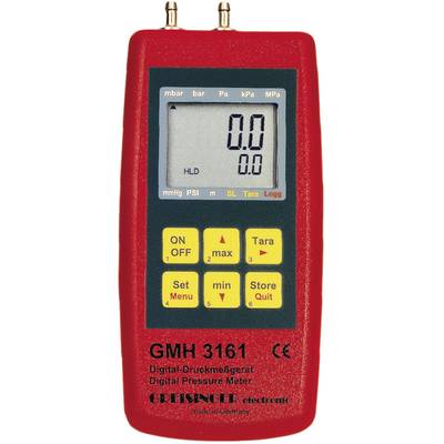Ein rotes Digital-Druckmessgerät mit Anzeige in verschiedenen Druckeinheiten wie mbar und PSI. Modell GMH 3161, hergestellt in Deutschland.
