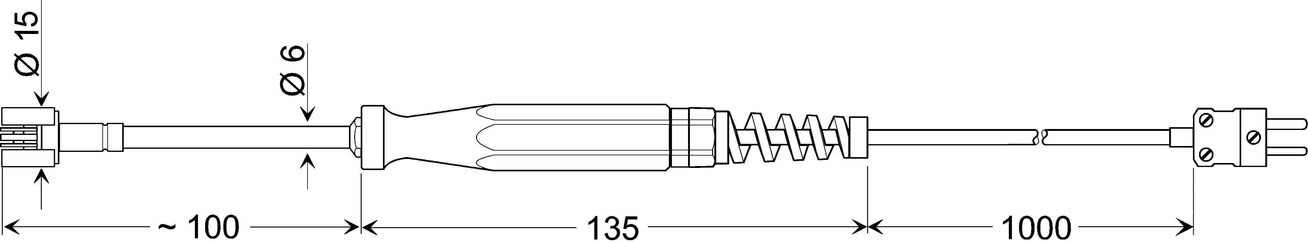Technische Zeichnung eines Kabels mit Steckverbindern an beiden Enden, Länge und Durchmesser angegeben: Ø15, Ø6, Längen ca. 100, 135, 1000 mm.