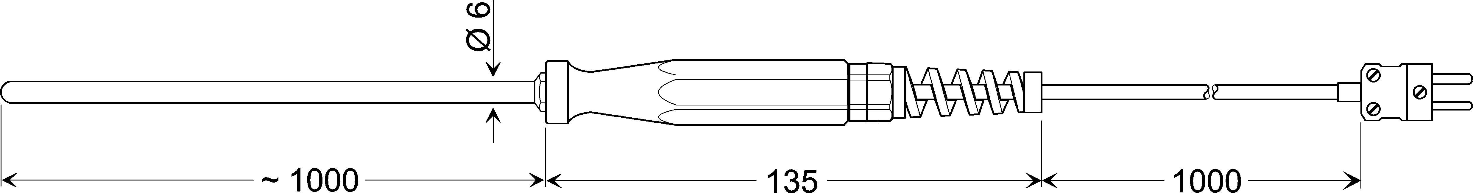 Diagramm eines kabelgebundenen Sensors mit Griff, zeigt Abmessungen von 1000 mm links, 135 mm Griff, 1000 mm rechts.