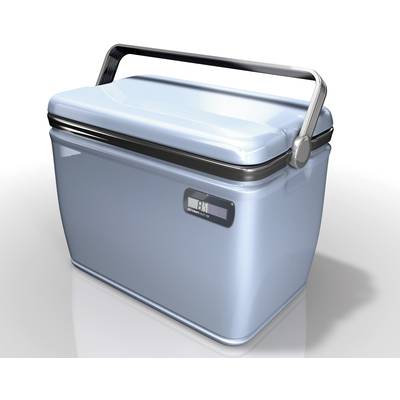 Eine blaue, tragbare Kühlbox mit einem silbernen Griff, geeignet zur Aufbewahrung von Lebensmitteln und Getränken.