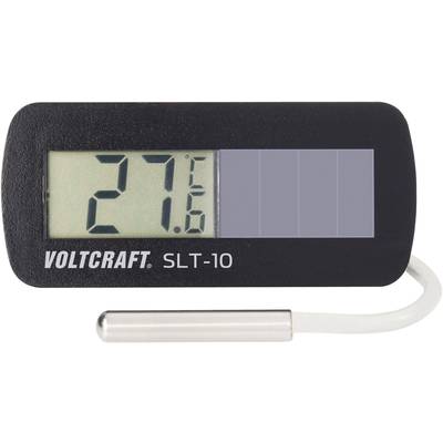 Temperaturanzeige mit dem Wert '27,6 °C' eines Voltcraft SLT-10 Thermometers, erkennbar an Solarpanel und Fühler.