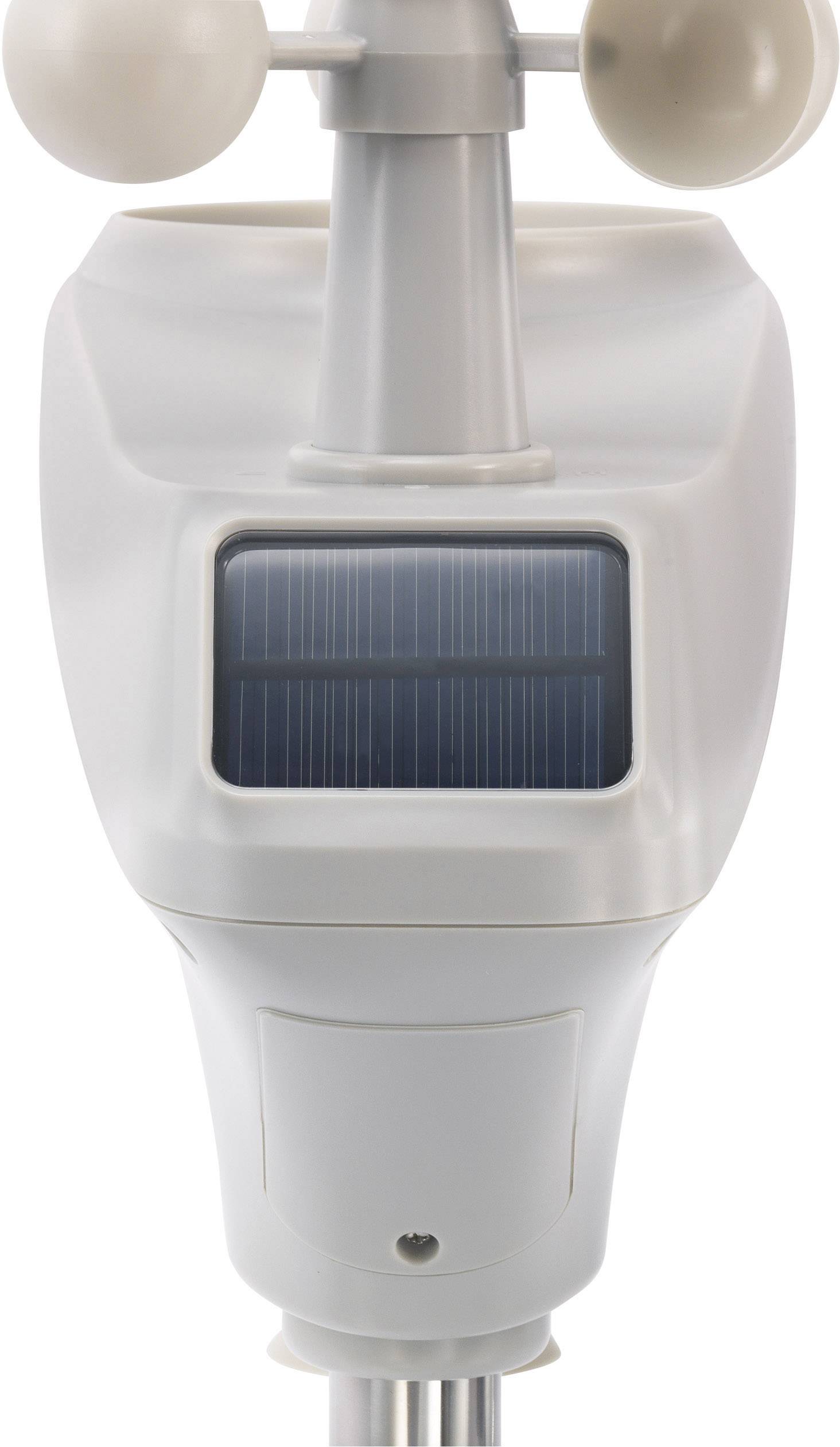Ein weißes Windmessgerät mit Solarpanel. Es hat eine vertikale Halterung und oben rotierende Schalen zur Messung der Windgeschwindigkeit.