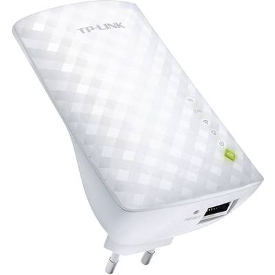 Ein TP-Link WLAN-Repeater mit LED-Anzeigen für verschiedene Netzwerkeinstellungen. Das Gerät ist weiß mit einem geometrischen Muster.