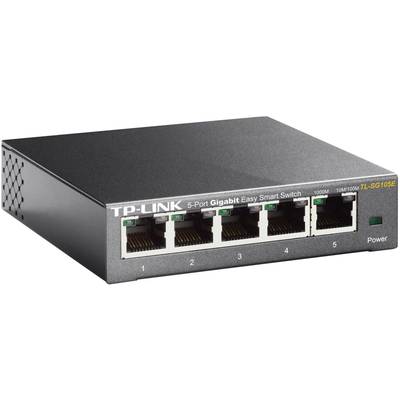 Ein TP-Link 5-Port Gigabit Easy Smart Switch. Zeigt fünf Ethernet-Ports und die Power-Anzeige auf der Vorderseite des Geräts.