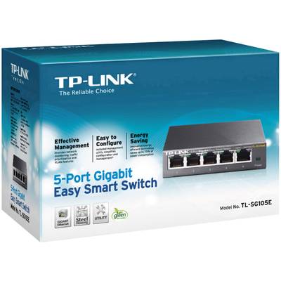Die Verpackung zeigt einen TP-Link 5-Port Gigabit Easy Smart Switch, Modell TL-SG105E, mit Funktionen zur effektiven Verwaltung und Energieeinsparung.