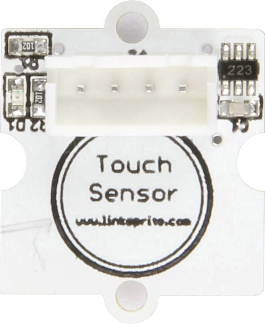 Ein weißer Touch-Sensor mit schwarzem Rand, Aufschrift 'Touch Sensor', Anschluss in der Mitte, umgeben von Schaltkreisen.
