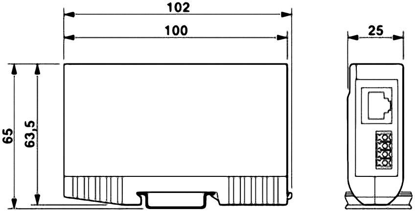 Technische Zeichnung eines rechteckigen Geräts mit Maßen: Breite 102 mm, Tiefe 25 mm, Höhe 63,5 mm. Zeigt Rück- und Seitenansicht.