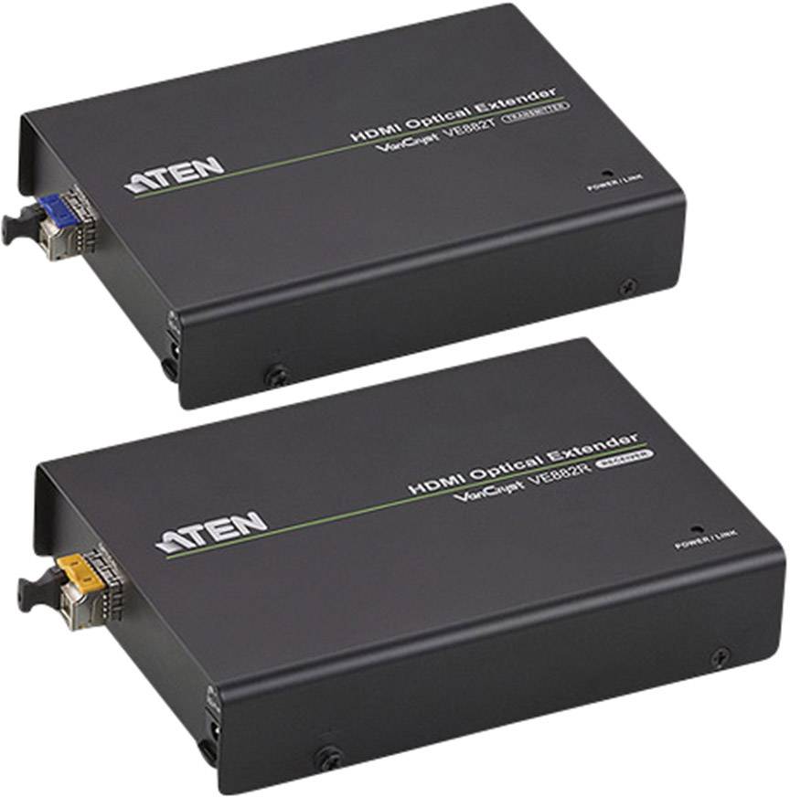 Zwei HDMI-Optical-Extender-Boxen von ATEN, Modell VE882R, die zur Verlängerung von HDMI-Signalen über Glasfaserkabel genutzt werden.