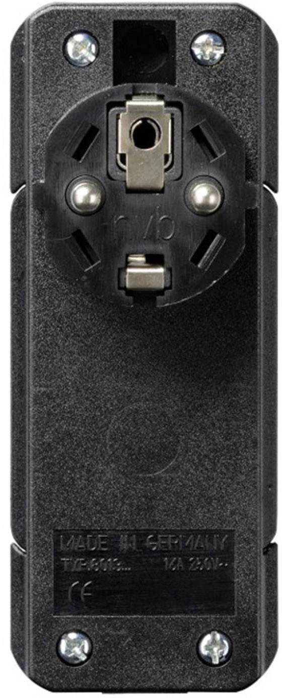 Ein schwarzer elektrischer Steckdosenadapter mit zwei Metallkontakten und der Aufschrift 'Made in Germany' sowie Spezifikationen unten.