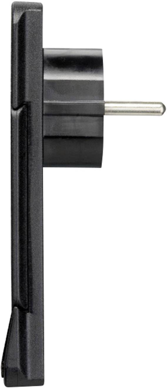 Seitenansicht eines schwarzen Steckadapters mit erkennbaren Metallstiften zum Einstecken in eine Steckdose.
