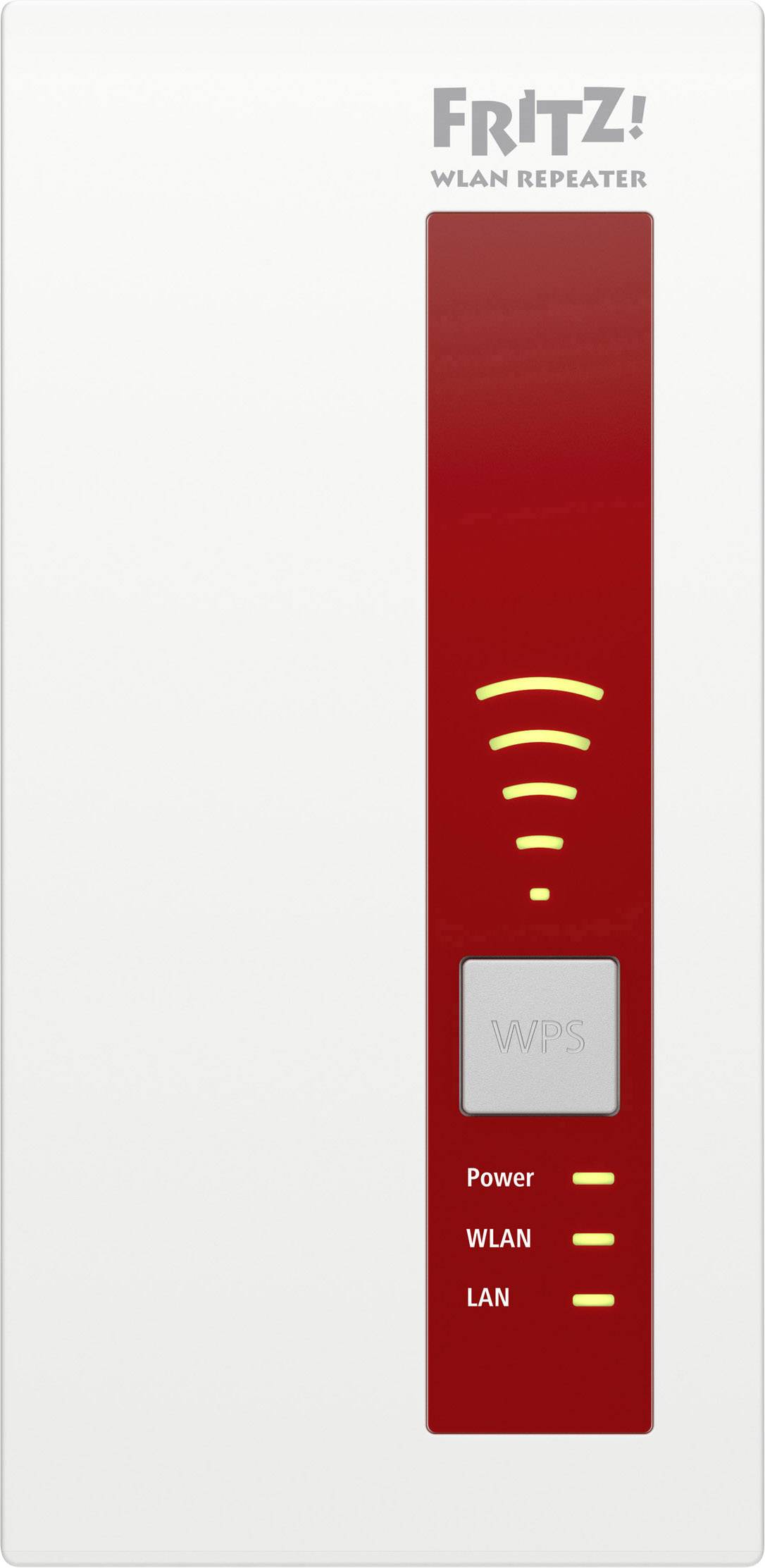 Ein weißer Fritz WLAN-Repeater mit rotem Mittelteil zeigt den WLAN-Status durch leuchtende Symbole an. Oben steht 'FRITZ! WLAN Repeater'.