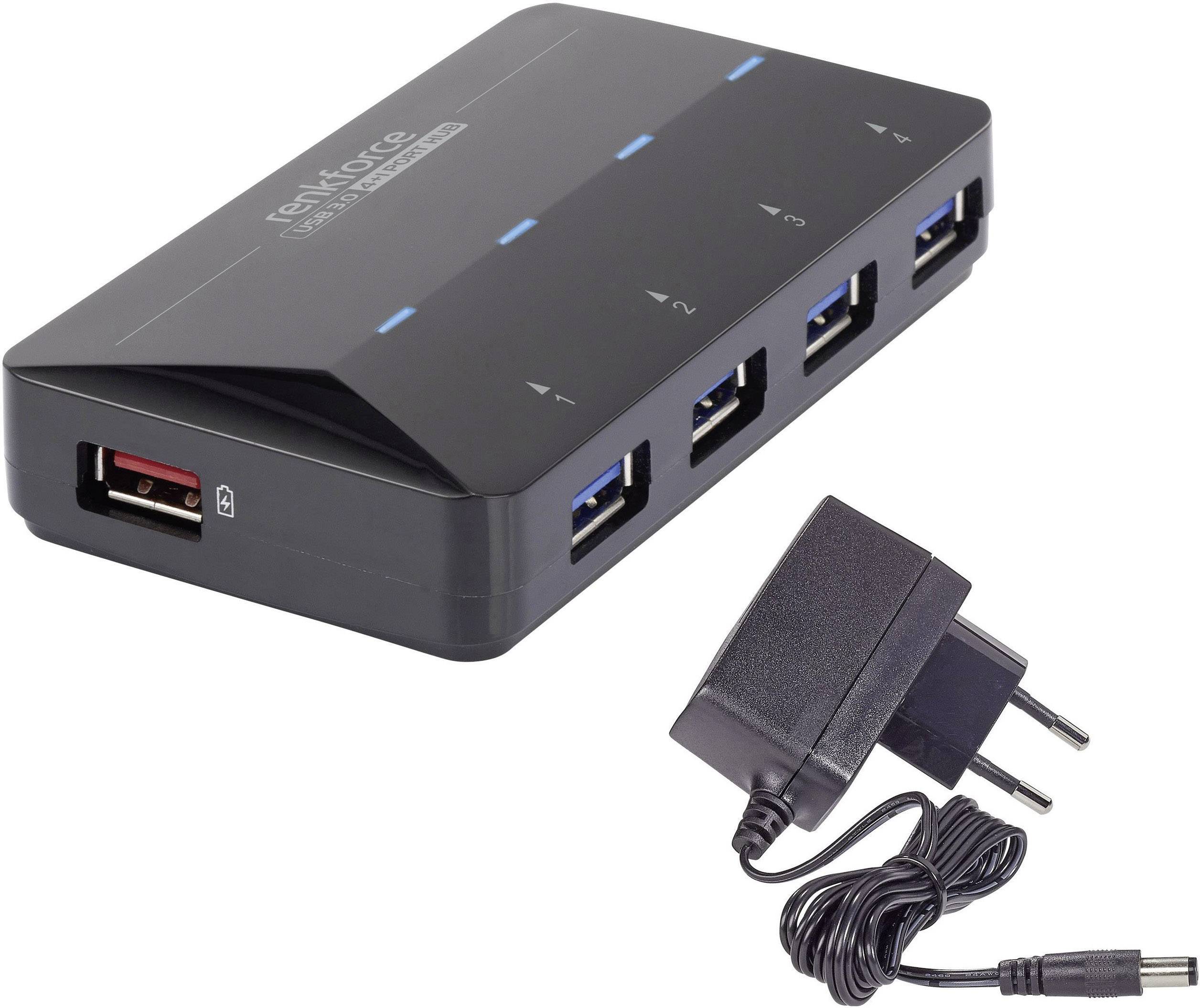 Renkforce RF-3806031 USB-Hub 4 Port USB-A USB 3.0 5 GBit/s mit Schnellladeport, mit Status-LEDs Schwarz