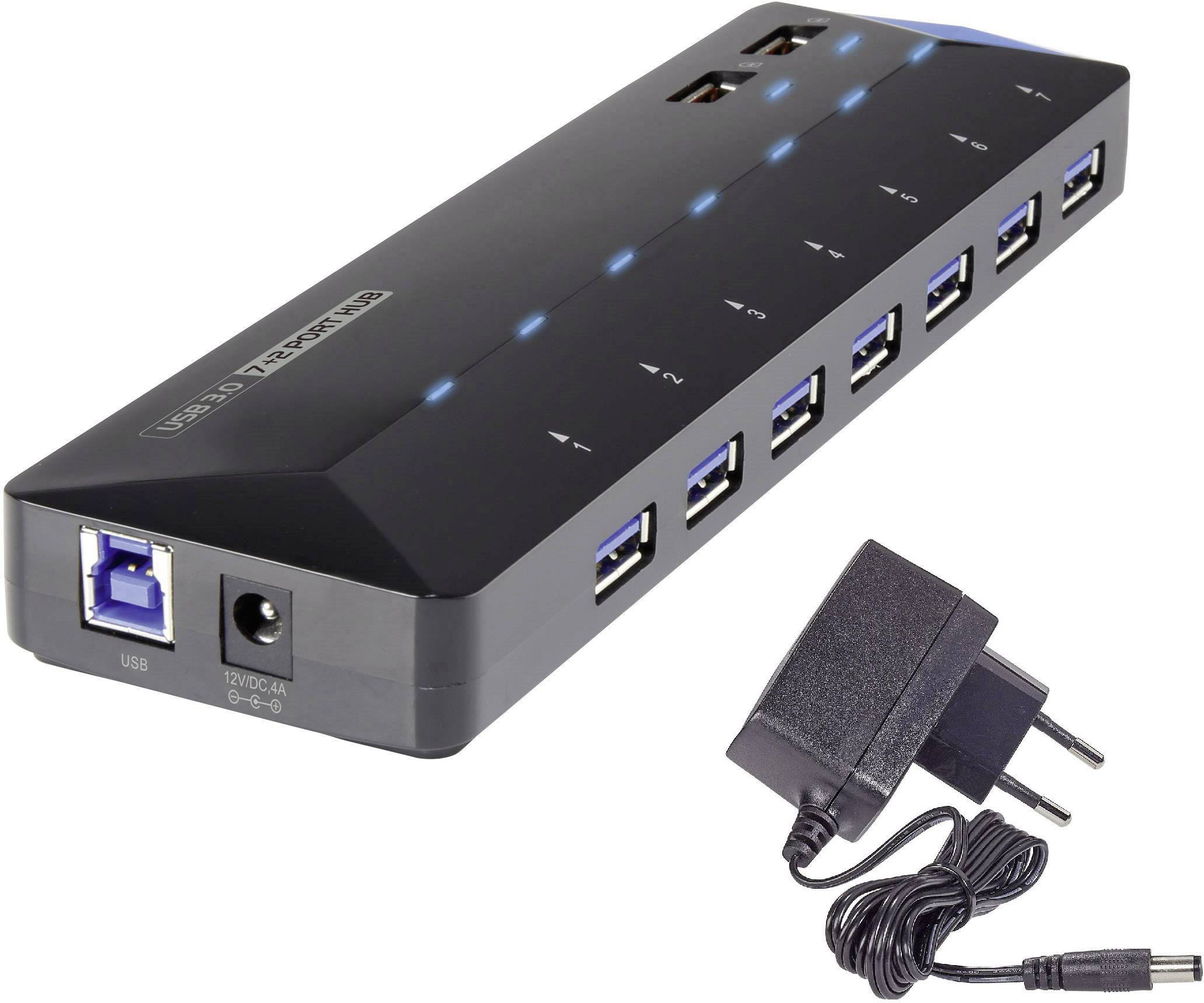 CONRAD 7+2 Port USB 3.0-Hub mit Schnellladeport, mit Status-LEDs Renkforce Schwarz