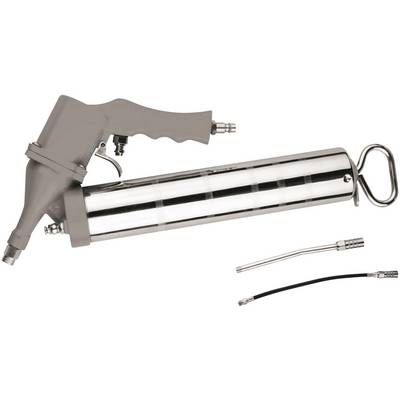Fettpresse mit ergonomischem Griff und Metallzylinder, ein flexibler und ein starrer Schlauch sind daneben abgebildet.