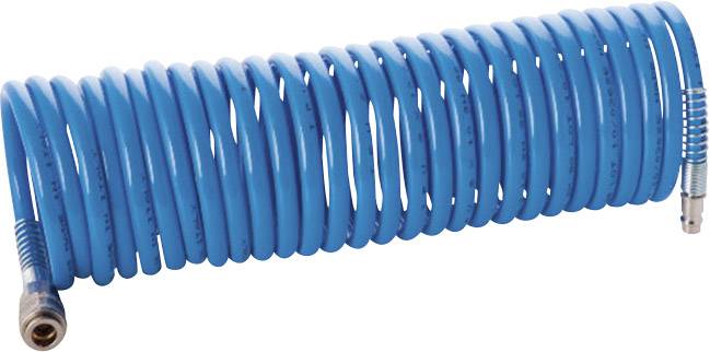 Blauer Spiralschlauch, aufgerollt, mit silbernen Anschlüssen an beiden Enden. Geeignet für Druckluft- oder Wasserleitungen.