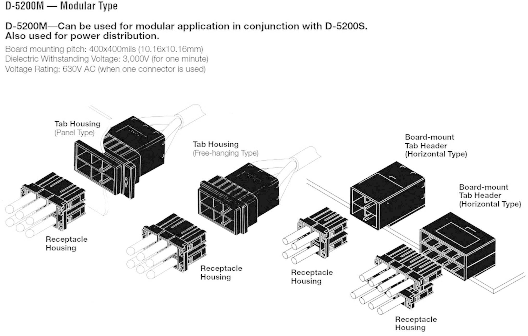 'Diagramm der modularen Steckverbindung D-5200M mit Tab-Gehäusen, Buchsengehäusen und Anschlussmöglichkeiten für Stromverteilung.'
