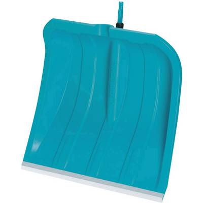 Blaue Schneeschaufel aus Kunststoff mit gerillter Oberfläche und Metallschiene am unteren Rand. Ideal zum Schneeräumen.