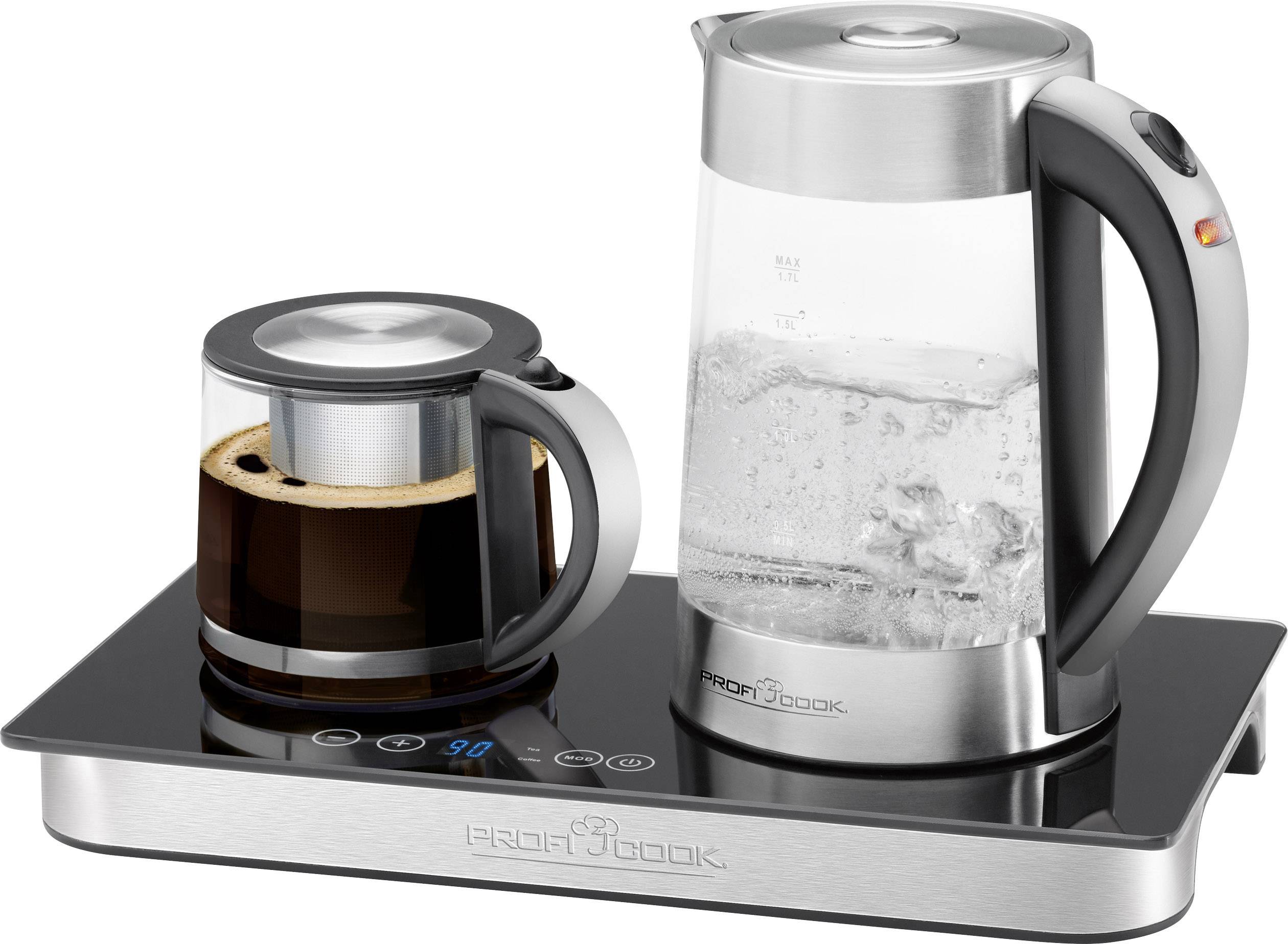 Wasserkessel mit kochendem Wasser und Kaffeekanne auf einer Heizplatte. Beide Behälter aus Glas, mit Metall und Kunststoffgriffe.