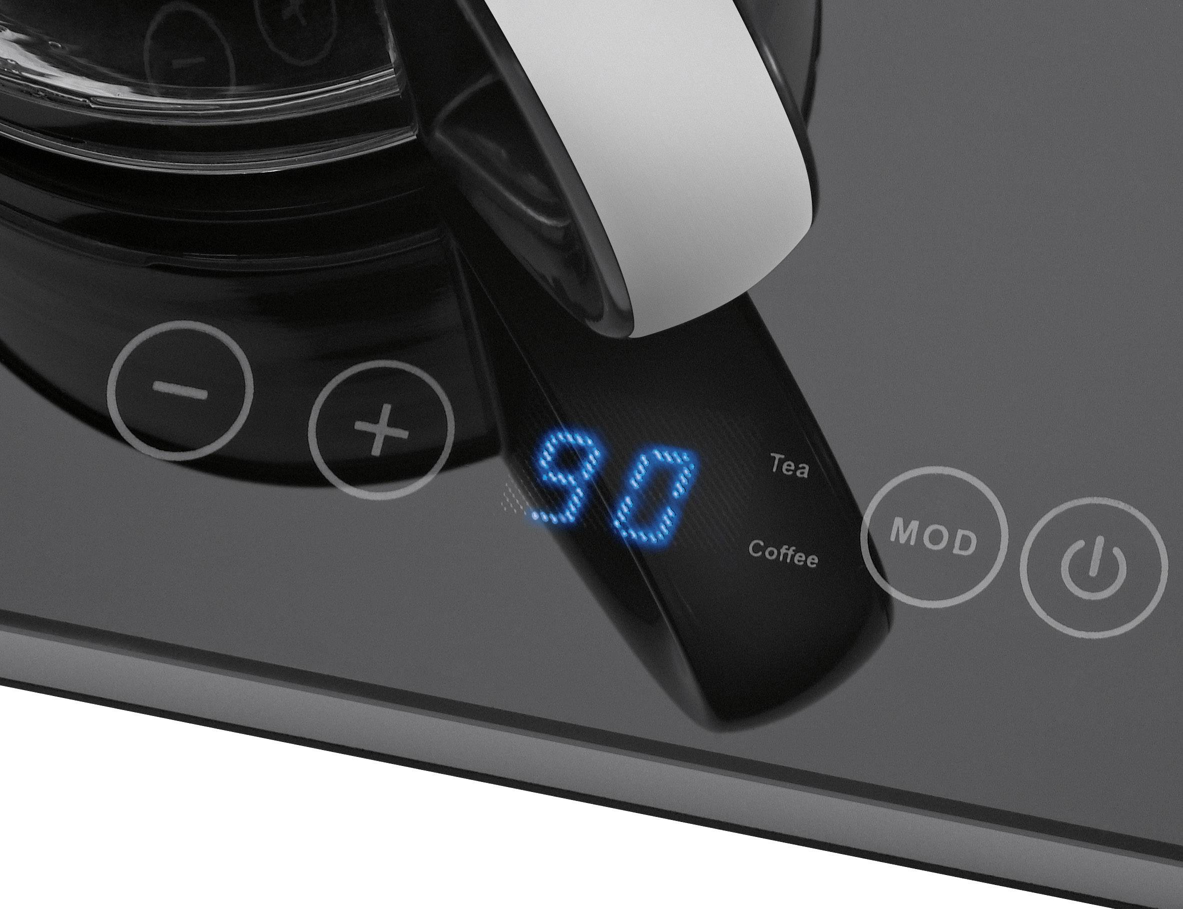 Ein elektrischer Wasserkocher mit digitalem Display zeigt '90' Grad an. Die Knöpfe bieten Optionen für Tee und Kaffee.
