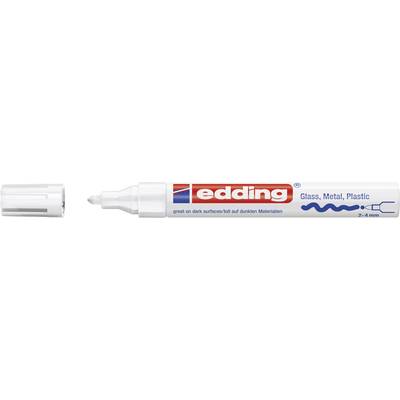 Ein weißer Marker mit der Aufschrift 'edding', geeignet für Glas, Metall, und Plastik. Die Spitze ist geschlossen und liegt daneben.