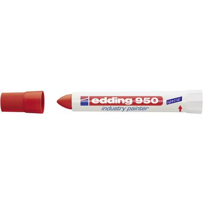 Zylinderförmiger, roter Industriemarker 'edding 950' mit abgenommenem Deckel, verwendet für Markierungen auf rauen Oberflächen.