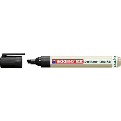 Permanentmarker der Marke edding 22 mit abgenommener schwarzer Kappe. Aufschrift: 'edding 22 permanent marker' und 'EcoLine'.