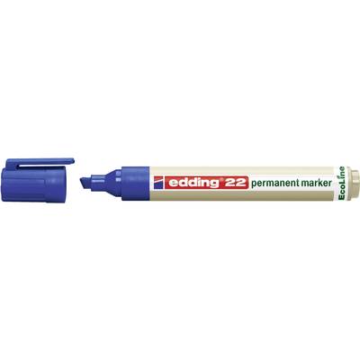 Ein blauer Edding 22 Permanentmarker mit abgenommener Kappe, liegend. Auf der Hülle steht 'Ecoline'.