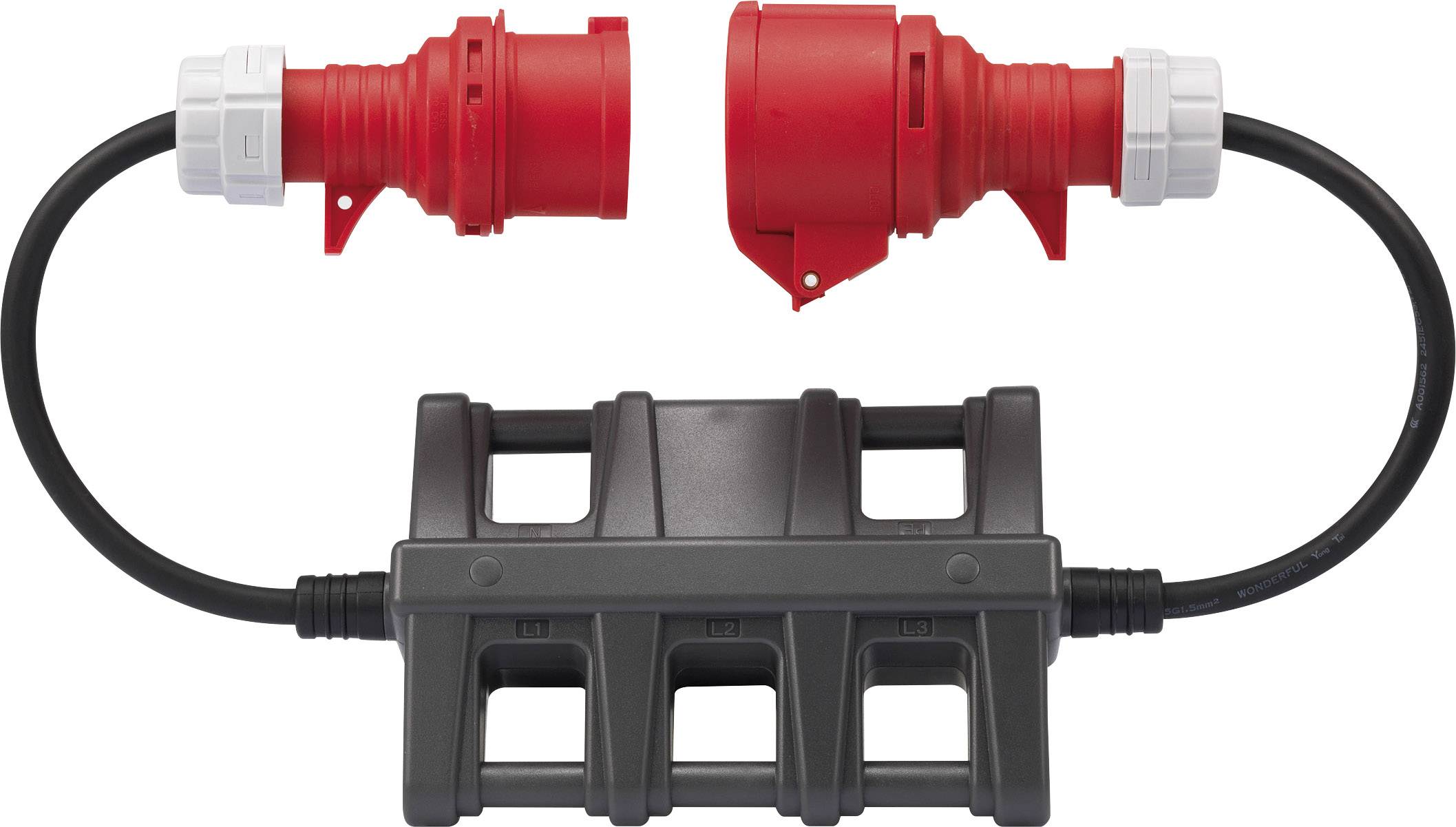 Rotes Stromkabel mit Steckverbindern an beiden Enden, verbunden durch einen schwarzen Adapter. Geeignet für industrielle Anwendungen.