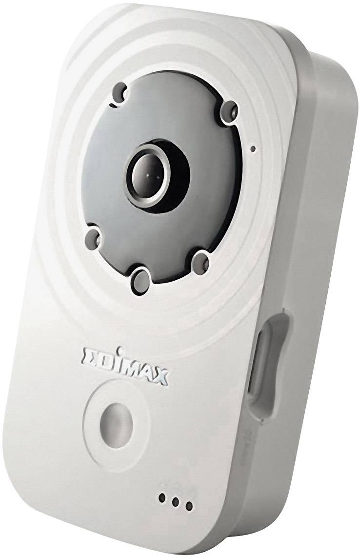 Eine weiße Sicherheitskamera mit Linse und Mikrofonöffnung vorne.