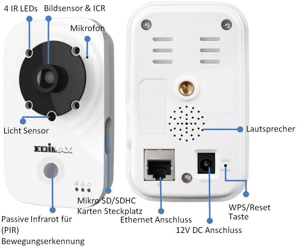 Überwachungskamera mit Mikrofon, Lautsprecher, Licht- und PIR-Sensoren, mehreren Anschlüssen und 4 IR-LEDs zur Bewegungserkennung.