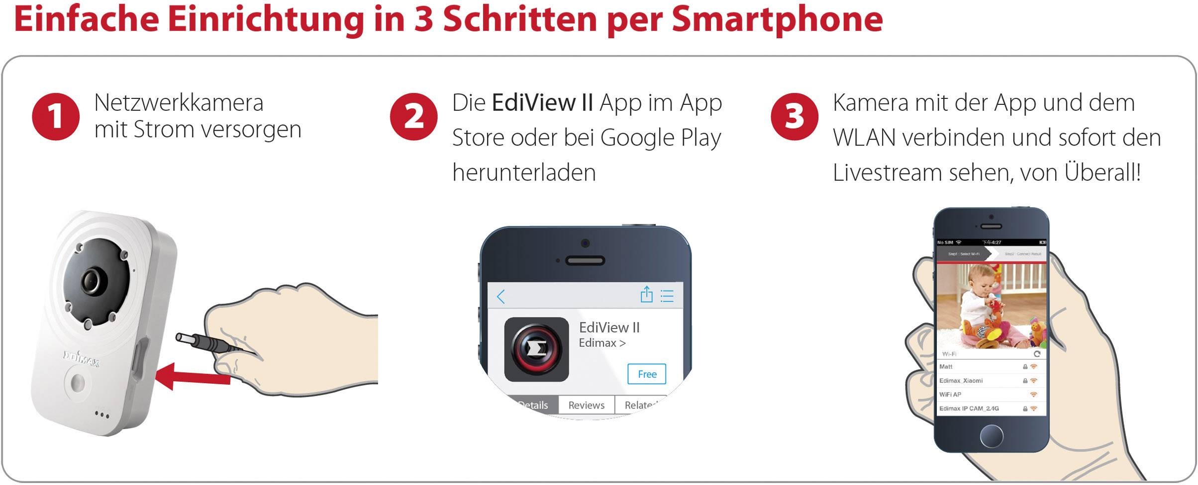 'Einfache Einrichtung in 3 Schritten per Smartphone': 1) Netzwerkkamera mit Strom versorgen. 2) EdiView II App herunterladen. 3) Kamera mit App und WLAN verbinden.