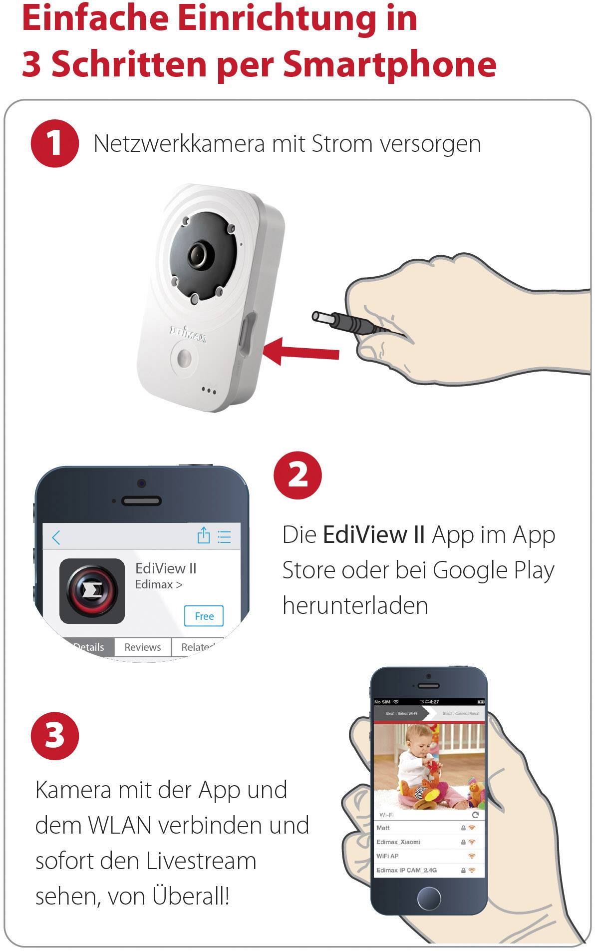 'Einfache Einrichtung in 3 Schritten per Smartphone: 1. Netzwerkamera anschließen. 2. EdiView II App herunterladen. 3. Live-Stream über WLAN starten.'