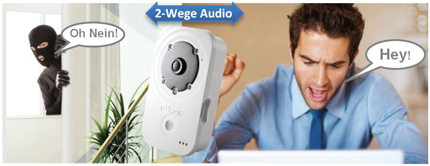 Ein Mann in Anzug schaut auf Überwachungskamera. Ein Dieb draußen sagt 'Oh Nein!', während der Mann 'Hey!' ruft. 2-Wege-Audio gezeigt.