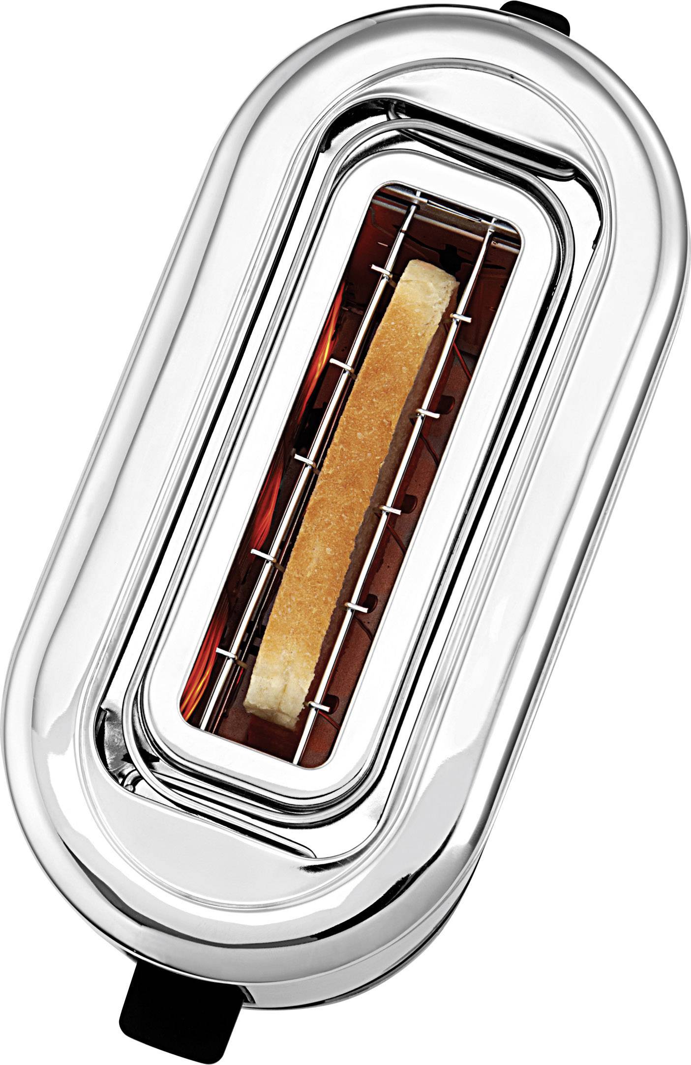 Ein silberner Toaster von oben mit einem Brot, das gerade getoastet wird.