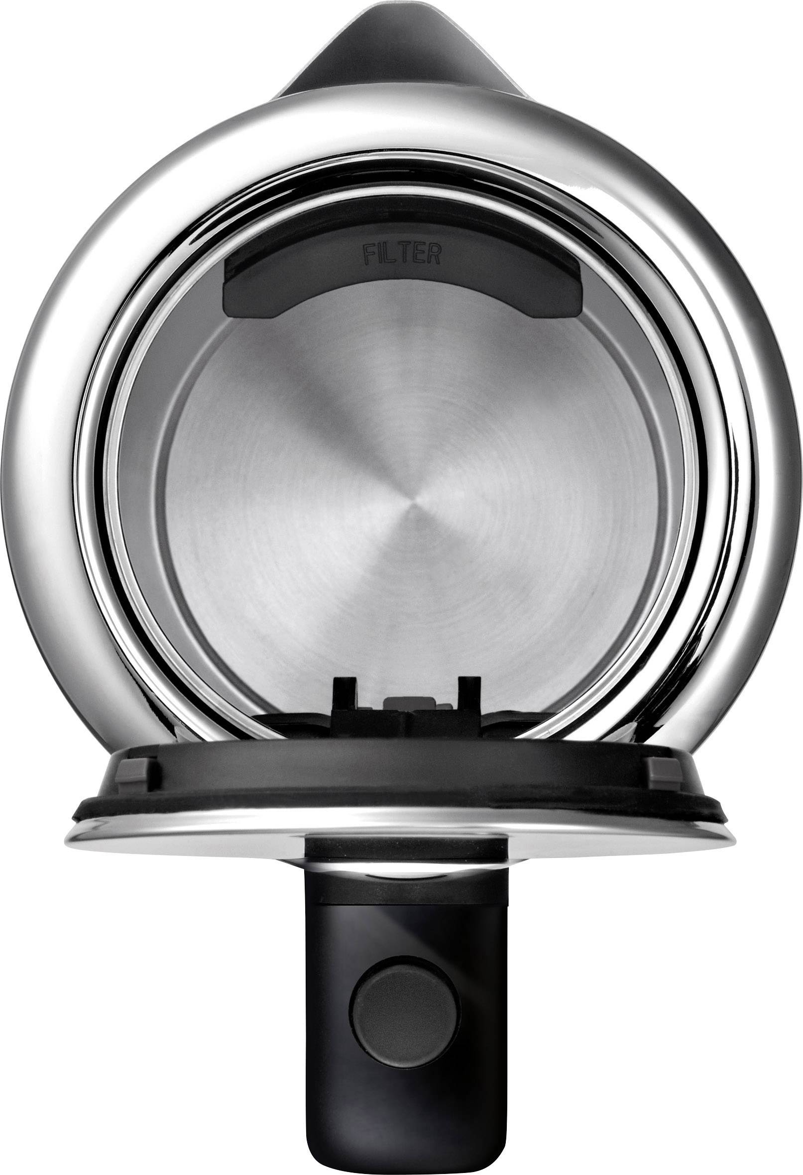 Silberfarbene Kaffeemaschine von oben, Blick in den offenen Wasserkocher ohne Wasser oder Filter.