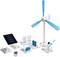 Modelle von Energiesystemen, darunter ein Windturbinenmodell, ein Solarpanel und andere Komponenten, zur Veranschaulichung erneuerbarer Energien.