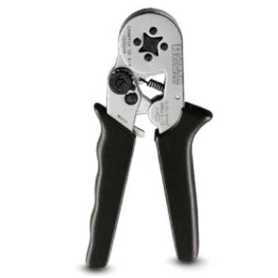 Eine schwarze Crimpzange mit ergonomischen Griffen, geeignet zum Verbinden von Kabeln und Steckern in elektrischen Anwendungen.