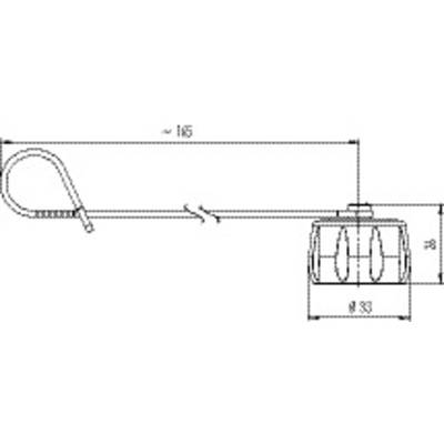 Technische Zeichnung eines mechanischen Teils mit Rad und Haken, Längenangaben und spezifische Maße zur Konstruktion.