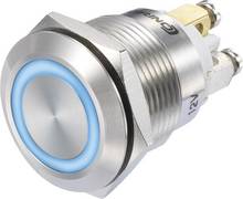 Silberner Drucktaster mit beleuchtetem blauem LED-Ring, 12V.