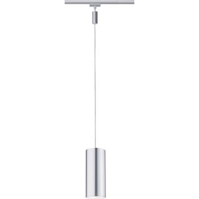 Eine moderne silberne Pendelleuchte hängt von der Decke, mit zylindrischem Lampenschirm und einem dünnen Kabel.