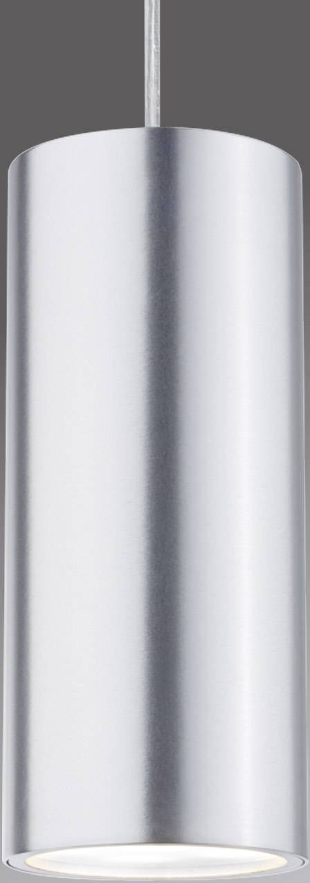 Zylinderförmige, moderne Metall-Hängeleuchte mit glatter, grauer Oberfläche und sichtbarem Kabel oben.