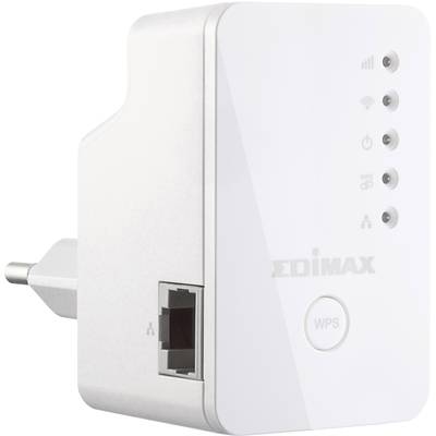 Weißer WLAN-Repeater mit WPS-Taste, Ethernet-Anschluss und LED-Anzeigen für Signalstärke und Konnektivität.