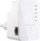 Weißer WLAN-Repeater mit WPS-Taste, Ethernet-Anschluss und LED-Anzeigen für Signalstärke und Konnektivität.